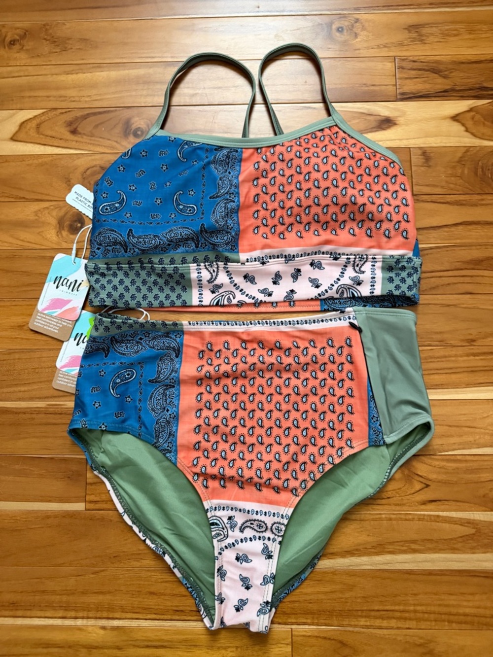 Nani Patchwork High-Waist Bikini Set in Coral, Blue & Olive